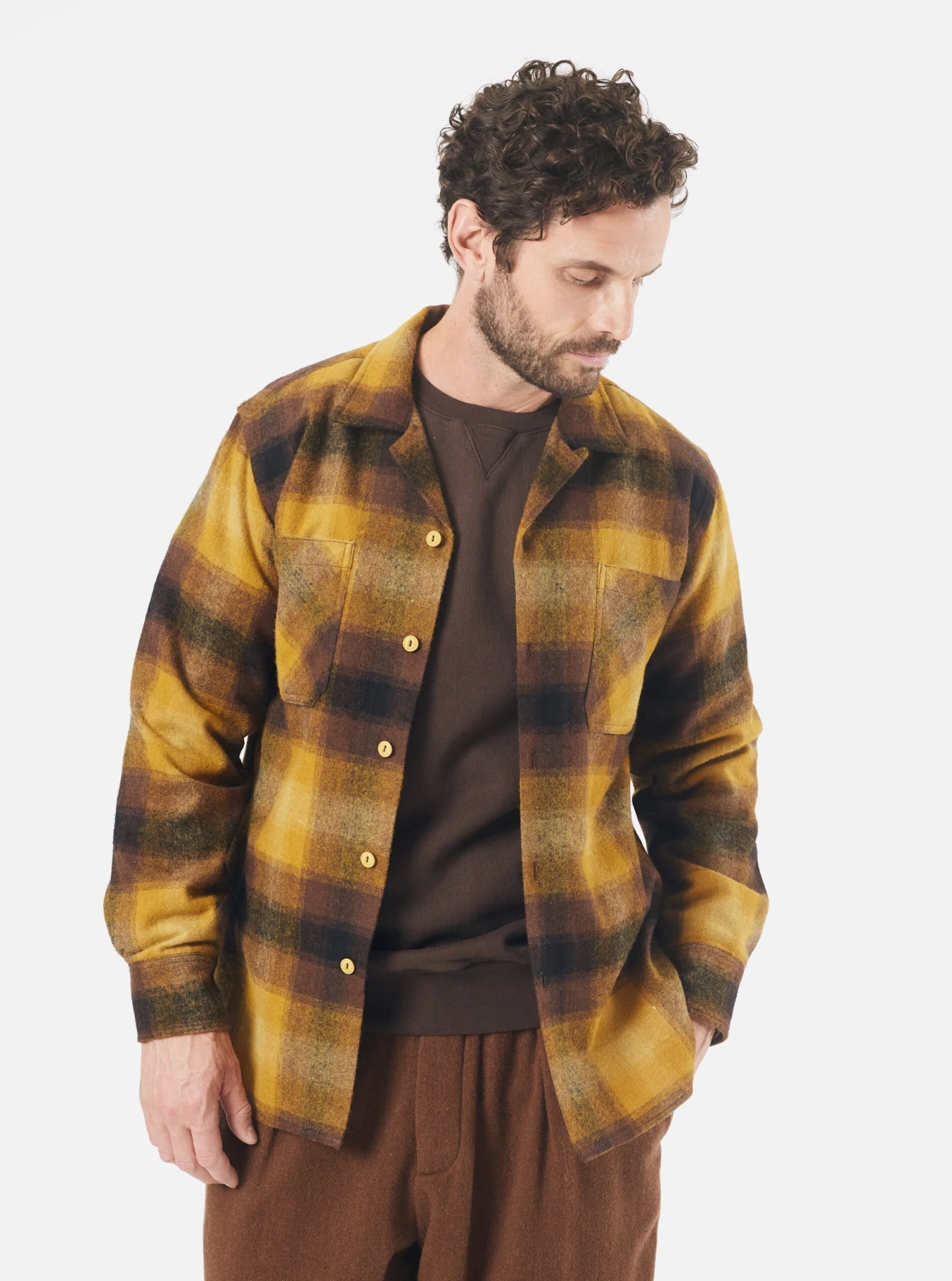 Universal Works Work Shirt In Mustard Check Recycled Wool Mix Flannel