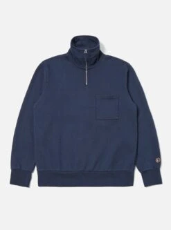 Universal Works Half Zip Sweatshirt In Navy Dry Handle Brushback
