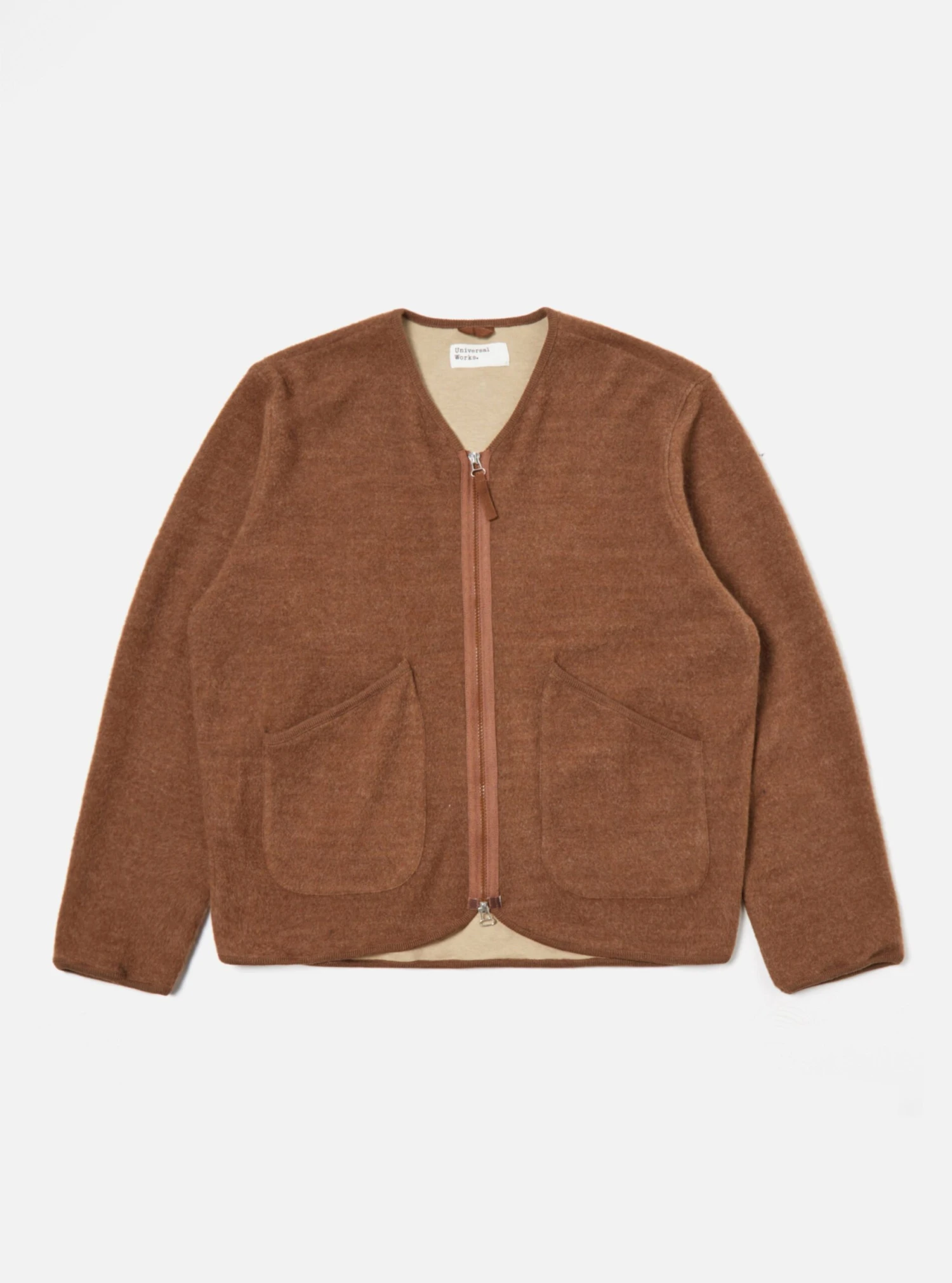 Universal Works Zip Liner Jacket In Brown Soft Wool Cotton Knit - Image 2