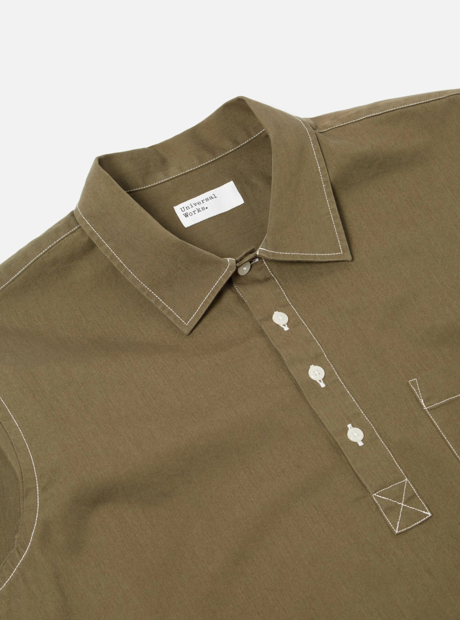Universal Works Pullover L/S Shirt In Olive Scuba Cotton - Image 3