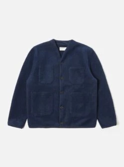 Universal Works Cardigan In Indigo Wool Fleece