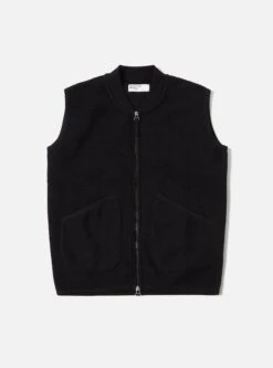 Universal Works Zip Waistcoat In Black Wool Fleece