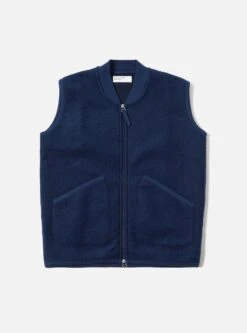 Universal Works Zip Waistcoat In Indigo Wool Fleece