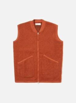 Universal Works Zip Waistcoat In Orange Wool Fleece