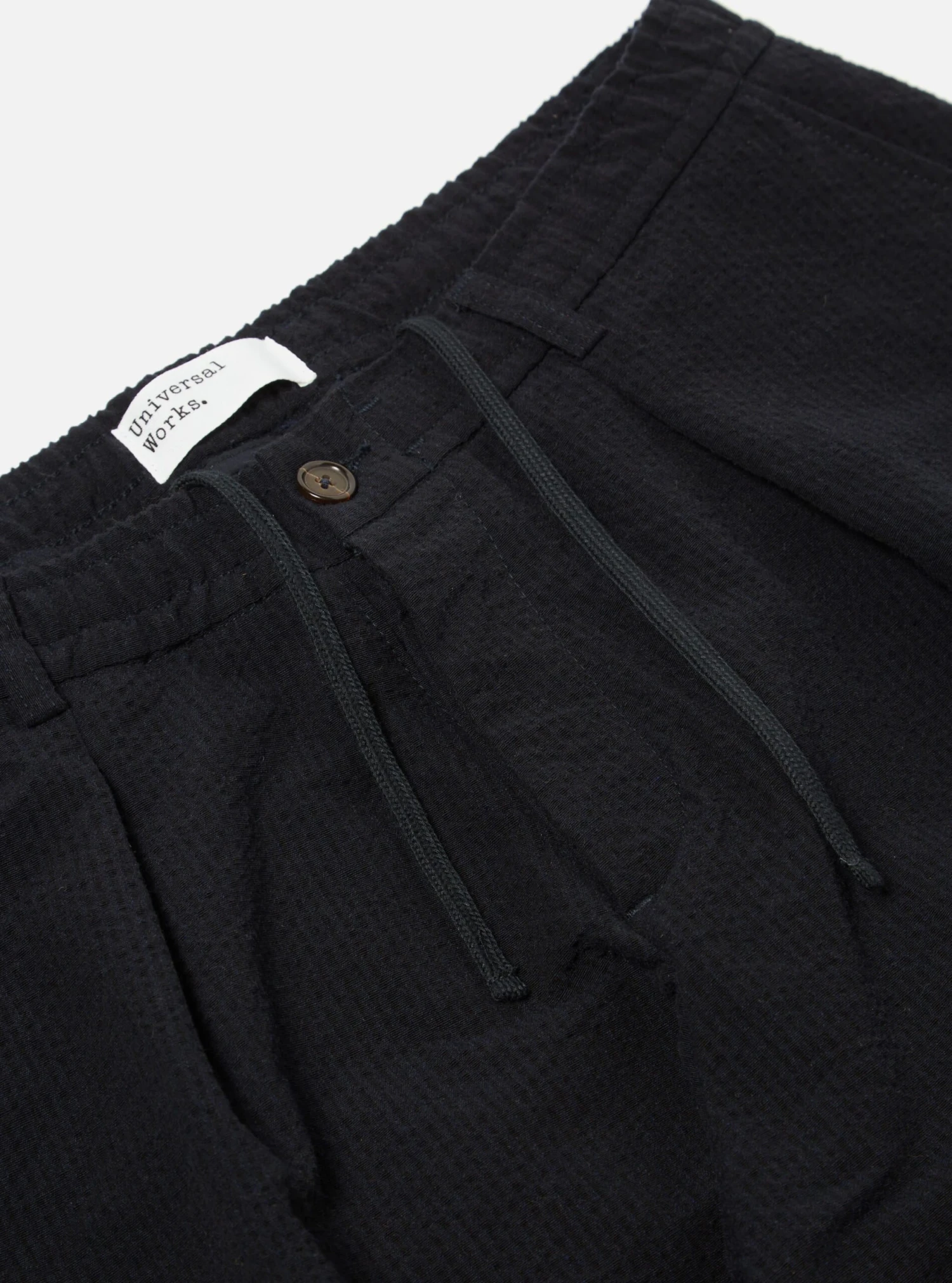 Universal Works Pleated Track Pant In Navy Wool Cotton Seersucker - Image 4