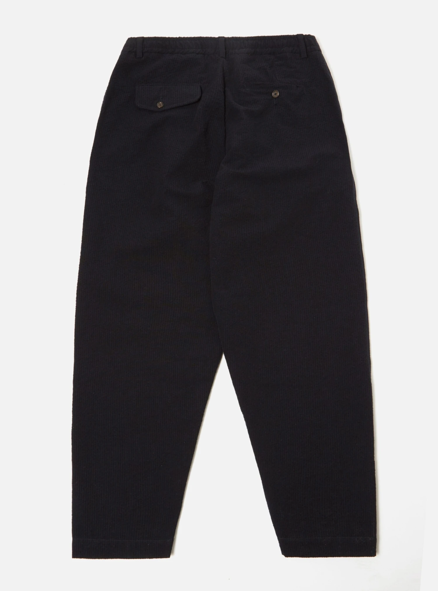 Universal Works Pleated Track Pant In Navy Wool Cotton Seersucker - Image 3