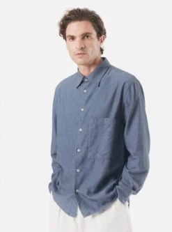 Universal Works Square Pocket Shirt In Blue IT Brushed Twill