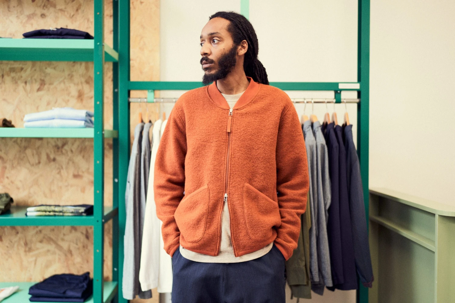 Universal Works Zip Bomber In Orange Wool Fleece - Image 7