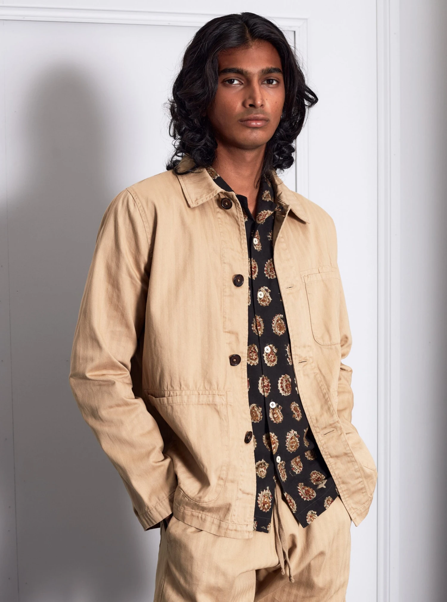 Universal Works Field Jacket In Sand Italian Herringbone Cotton - Image 4