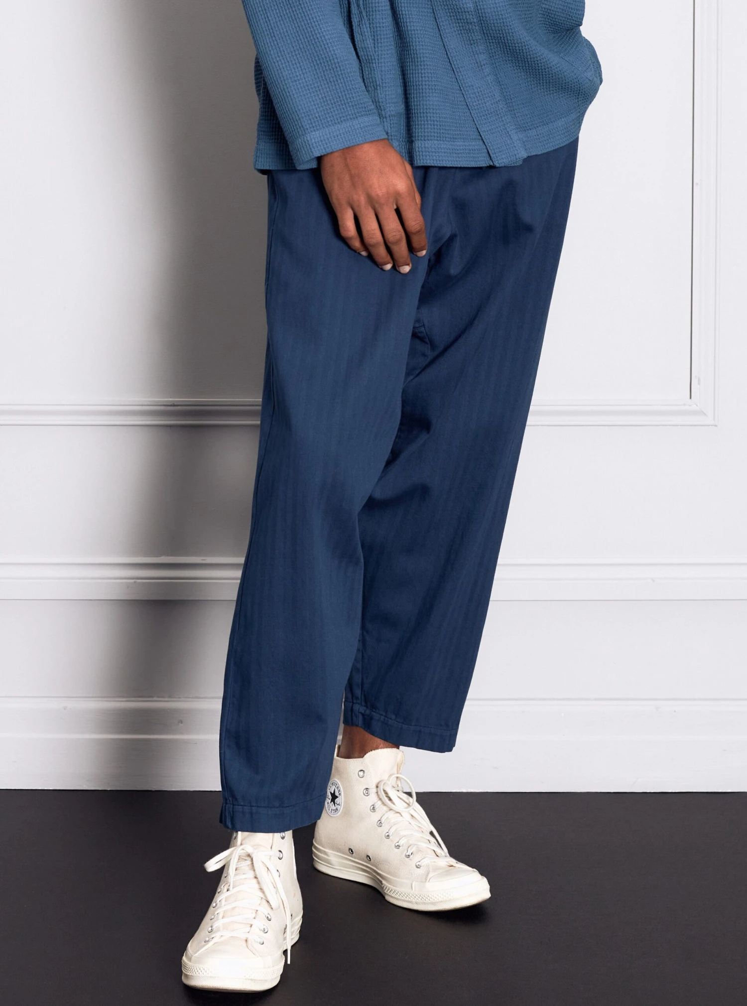 Universal Works Braga Pant In Washed Navy Italian Herringbone Cotton - Image 8