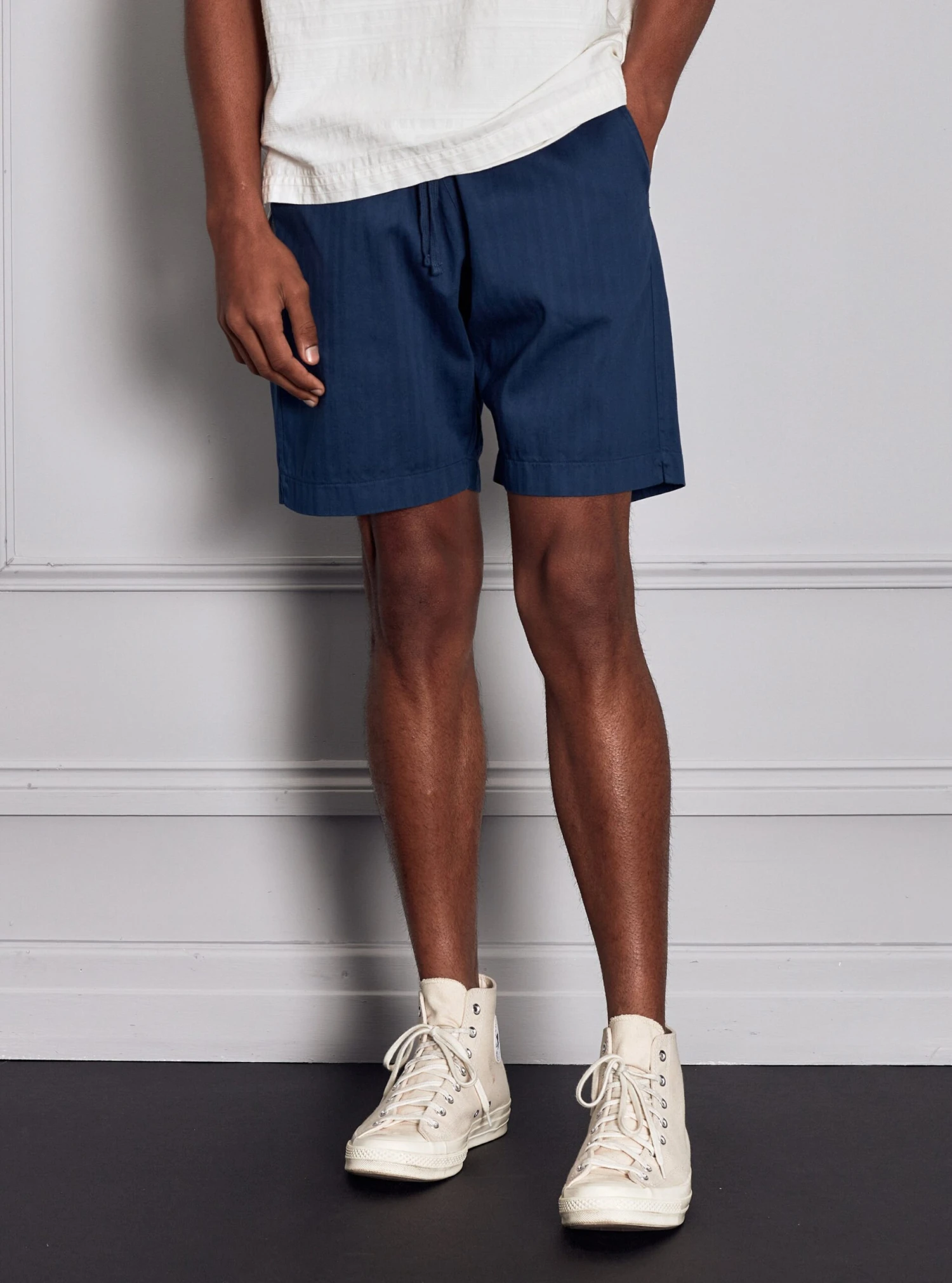 Universal Works Lumber Short In Washed Navy Italian Herringbone Cotton - Image 3