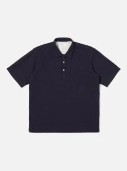 Universal Works Pullover S/S Shirt In Navy Barca Dobby Cotton