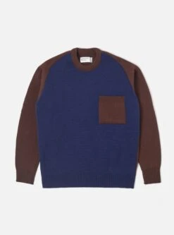 Universal Works Loose Pocket Crew In Brown/Navy Scottish Knit
