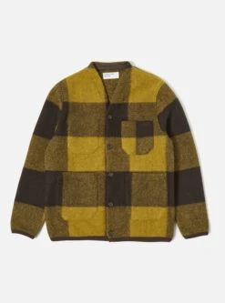 Universal Works Cardigan In Mustard/Brown Studio Check Fleece