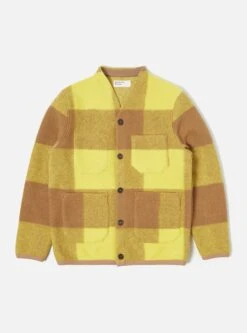 Universal Works Cardigan In Sand/Yellow Studio Check Fleece