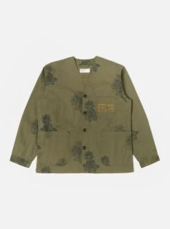 Universal Works V N Chore Jacket In Olive Block Flower Twill