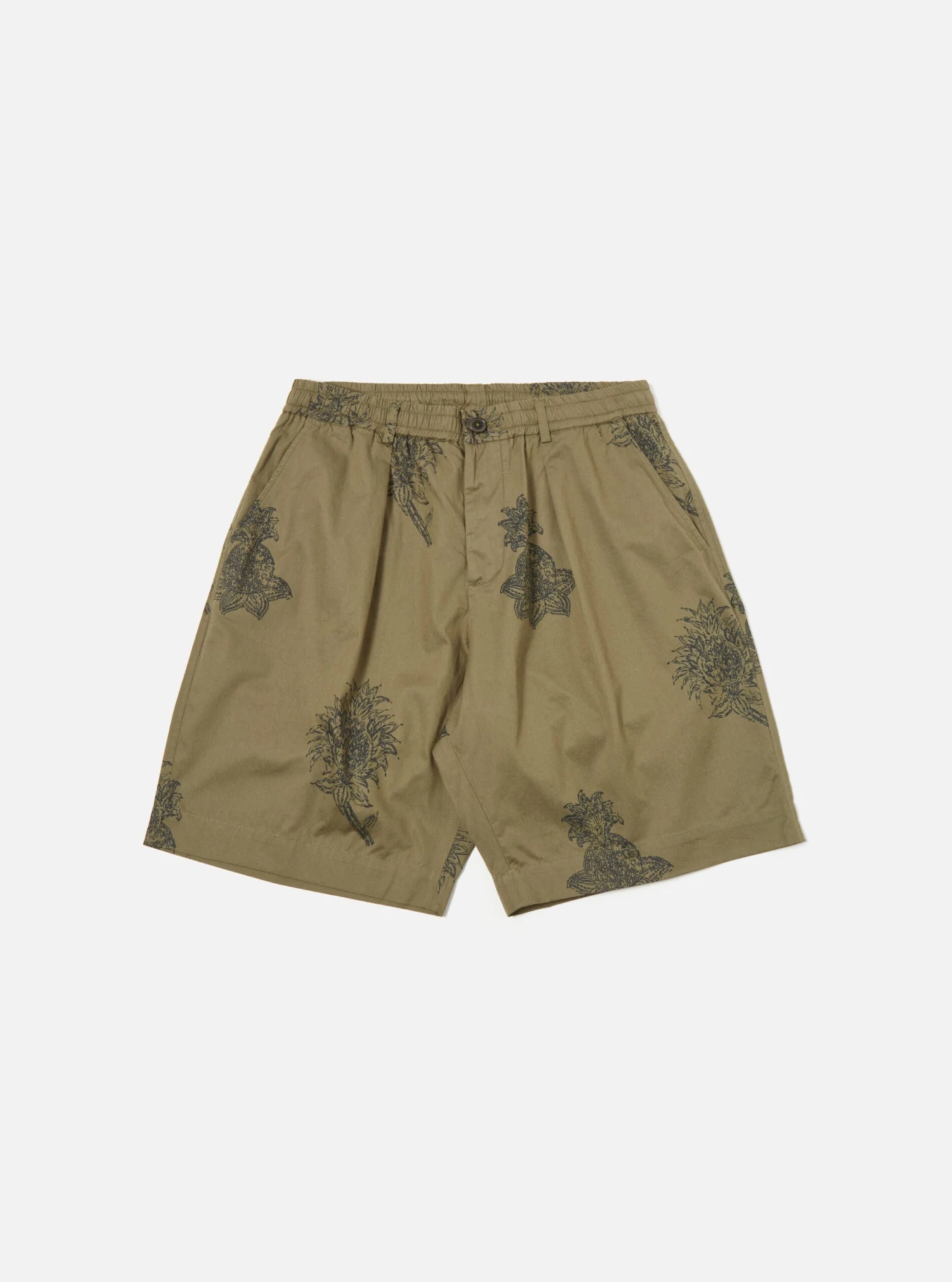 Universal Works Pleated Track Short In Olive Block Flower Twill