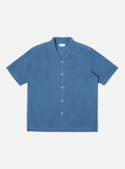 Universal Works Camp Shirt In Faded Blue Japanese Waffle
