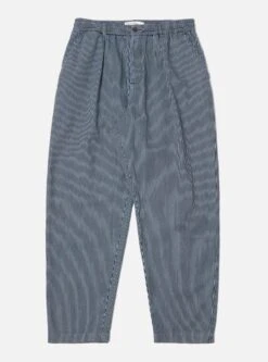 Universal Works Pleated Track Pant In Indigo Hickory Stripe Denim
