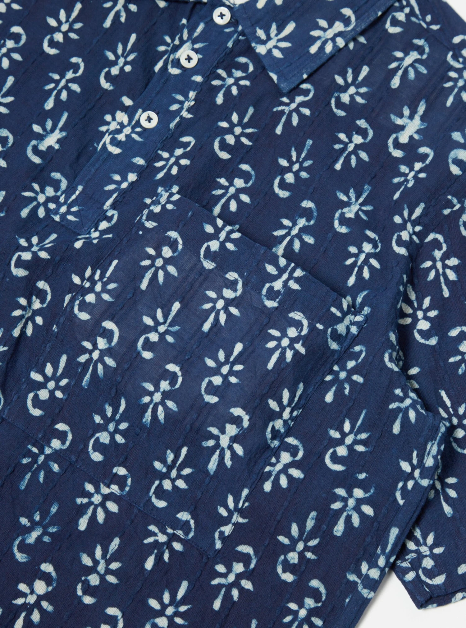 Universal Works Pullover S/S Shirt In Indigo Flower Print - Image 5