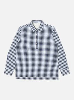 Universal Works Pullover L/S Shirt In Navy Gingham Seersucker