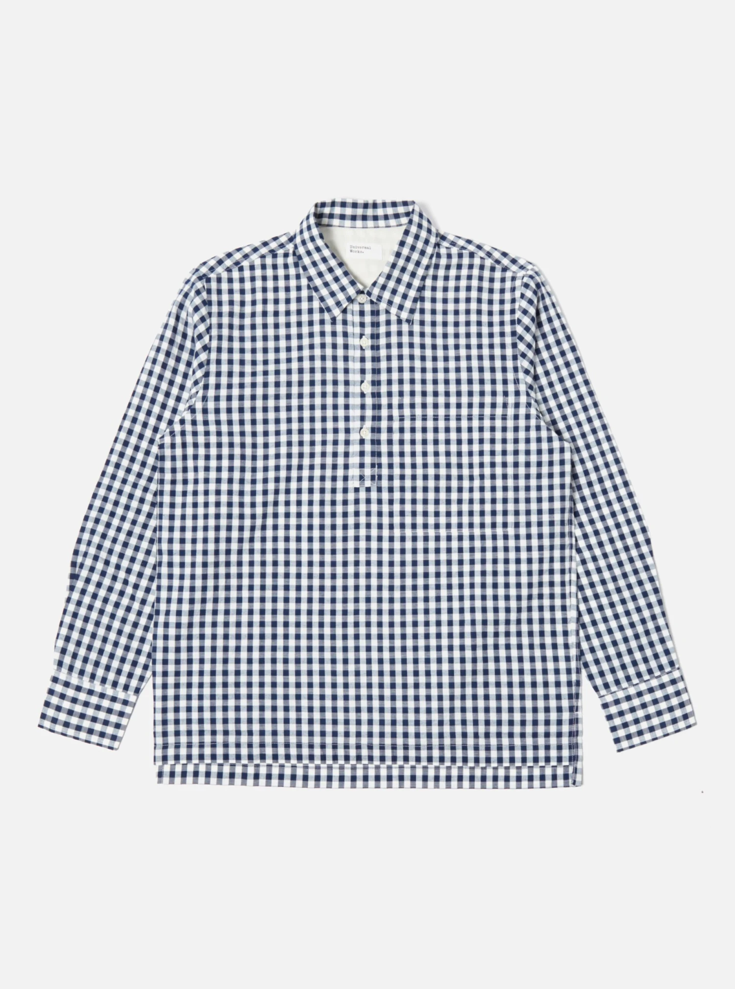 Universal Works Pullover L/S Shirt In Navy Gingham Seersucker