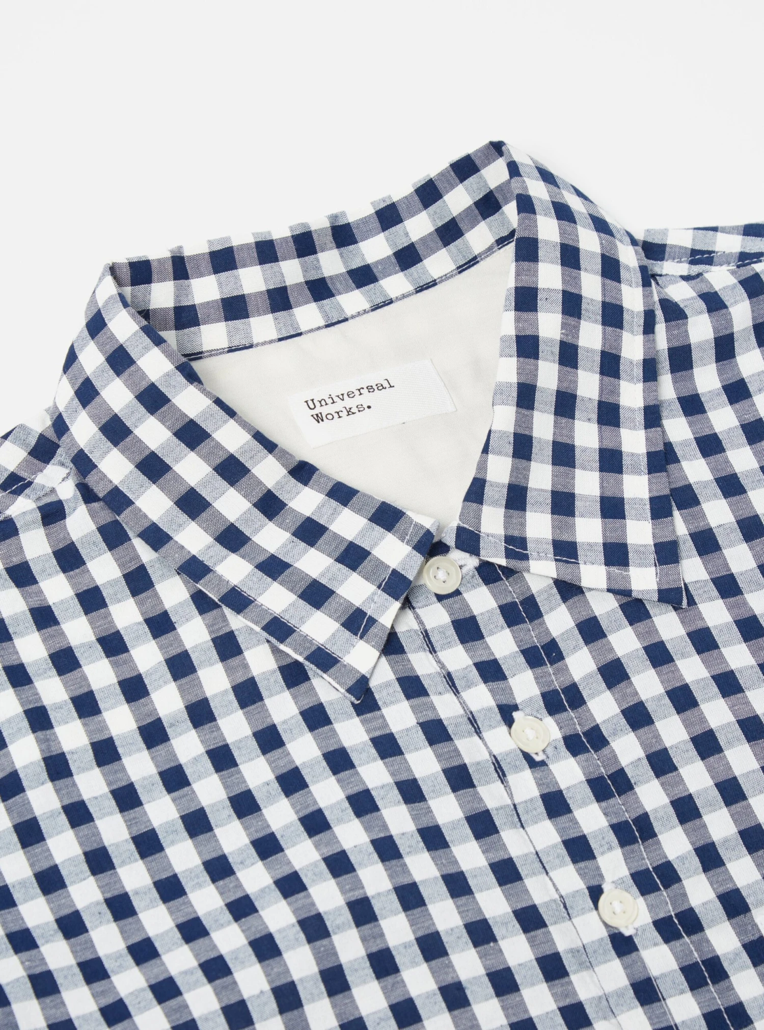 Universal Works Pullover L/S Shirt In Navy Gingham Seersucker - Image 3