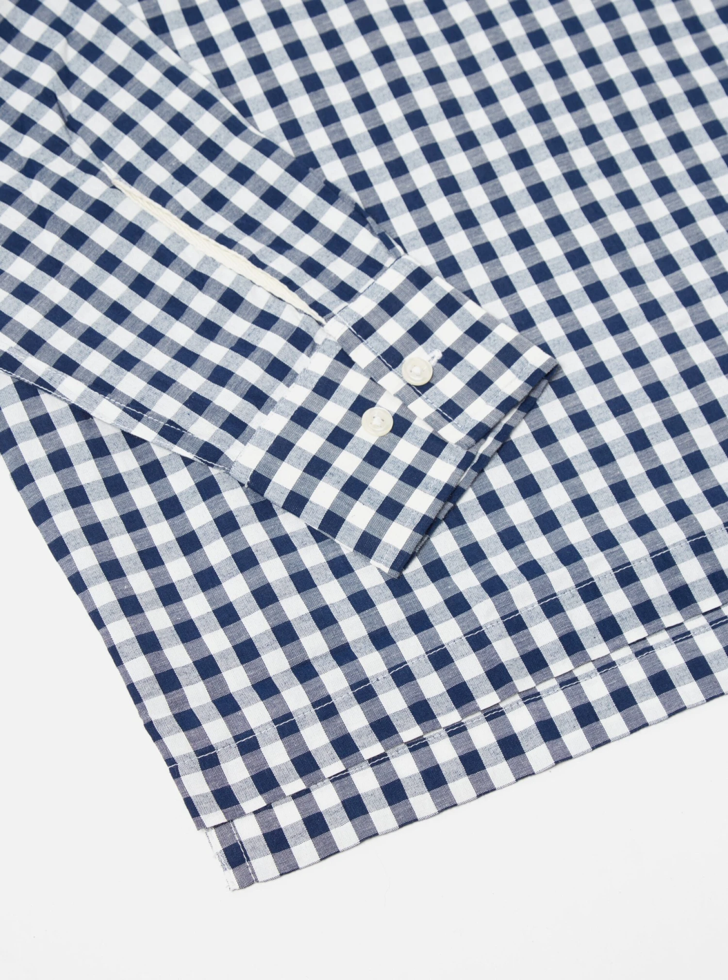 Universal Works Pullover L/S Shirt In Navy Gingham Seersucker - Image 4
