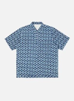 Universal Works Pullover S/S Shirt In Indigo Hand Block Dot Print