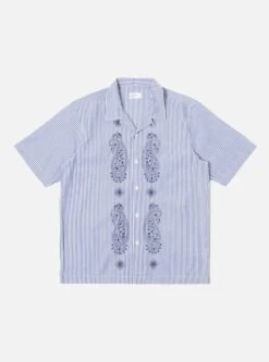 Universal Works Road Trip Shirt In Navy/White EMB Poplin Stripe