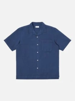 Universal Works Camp Shirt In Washed Navy Hemp Cotton Shirting
