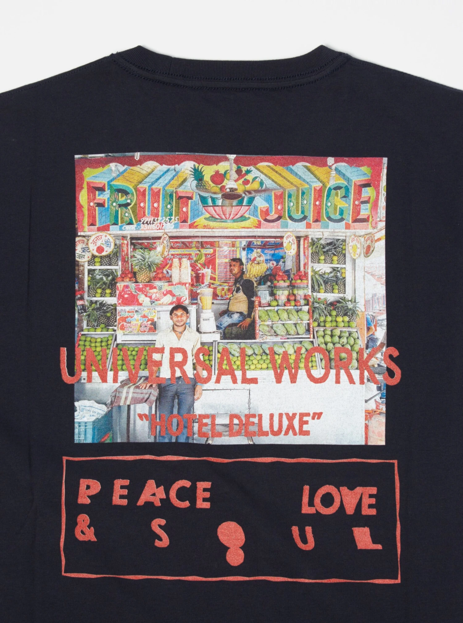 Universal Works Print Tee In Navy Fruit Juice Jersey - Image 4