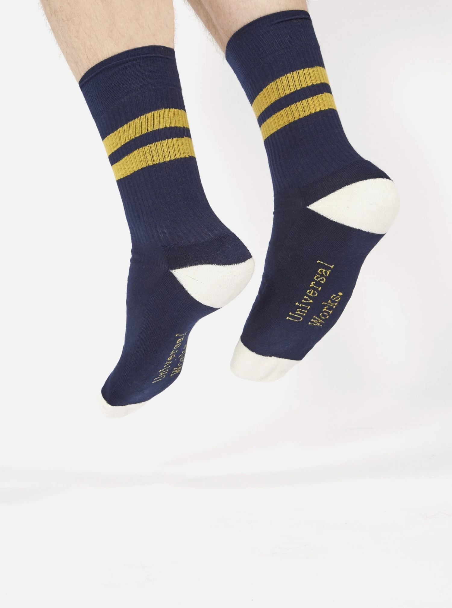 Universal Works Sport Sock In Navy/Yellow Cotton Rib - Image 5